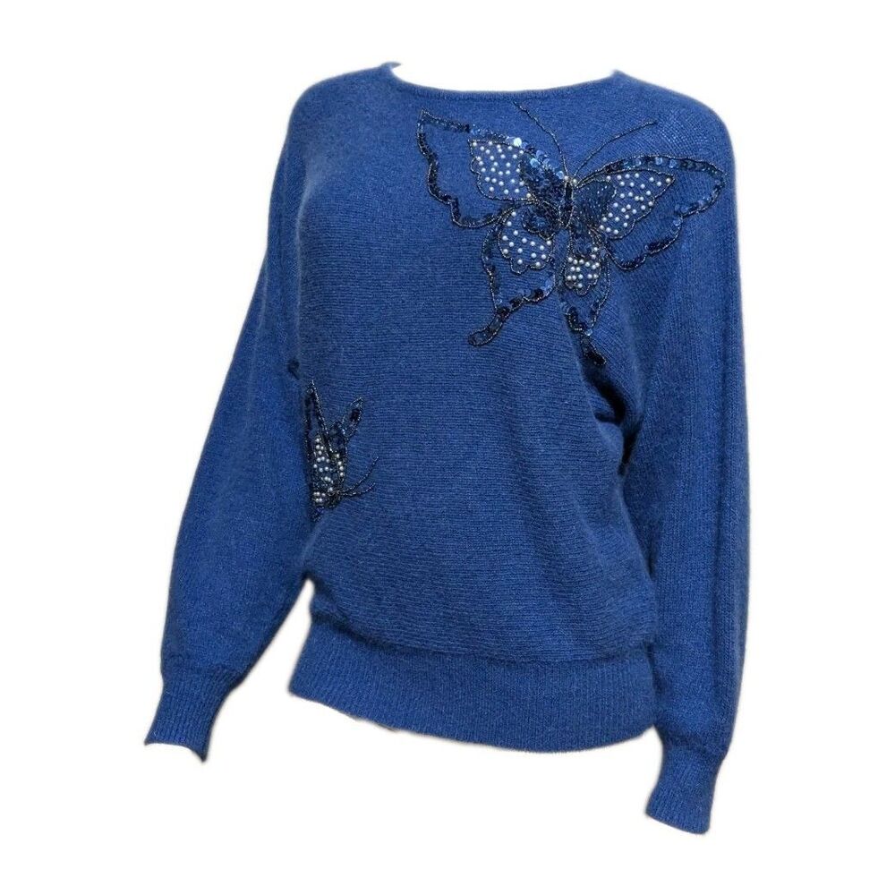 Sequin Butterfly Vintage 80s Sweater Dolman Sleeve Royal Blue S/M Splendid
